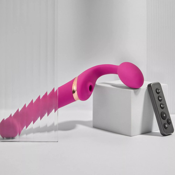 Ярко-розовый безремневой страпон Multi Orgasm Bendable Strap-On size XL с клиторальной стимуляцией