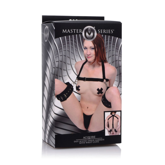 Черная бондажная система Acquire Easy Access Thigh Harness with Wrist Cuffs
