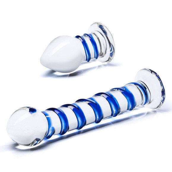 Набор из 2 стеклянных игрушек с синей спиралью Swirly Dildo & Buttplug Set Набор из 2 стеклянных игрушек с синей спиралью Swirly Dildo & Buttplug Set