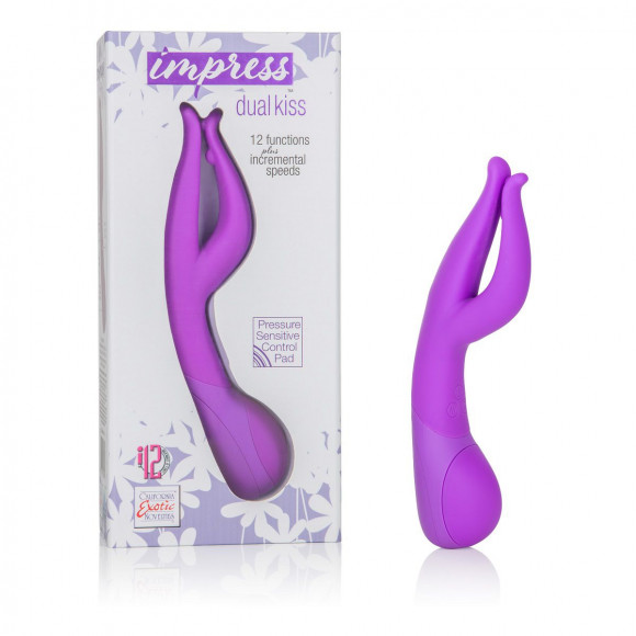 Фиолетовый вибромассажер Impress Dual Kiss со стимуляцией клитора - 15 см. Фиолетовый вибромассажер Impress Dual Kiss со стимуляцией клитора - 15 см.