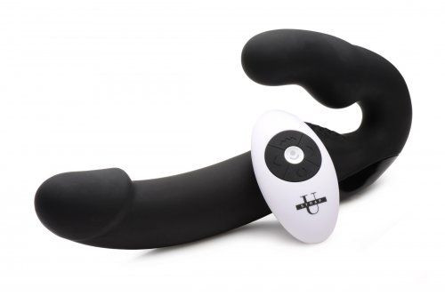 Черный безремневой страпон Urge Silicone Strap On с пультом ДУ - 24 см. Черный безремневой страпон Urge Silicone Strap On с пультом ДУ - 24 см.