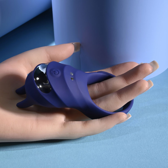 Синее эрекционное виброкольцо с клиторальной подушечкой и пультом ДУ Adjustable Fun Ring