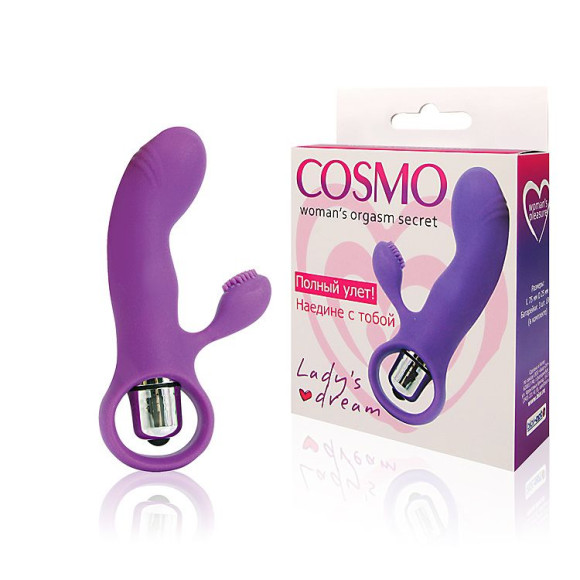 Фиолетовый вибромассажер COSMO с покрытым усиками клиторальным стимулятором Фиолетовый вибромассажер COSMO с покрытым усиками клиторальным стимулятором