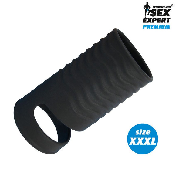 Черная открытая насадка на пенис с кольцом для мошонки XXXL-size - 9,9 см. Черная открытая насадка на пенис с кольцом для мошонки XXXL-size - 9,9 см.