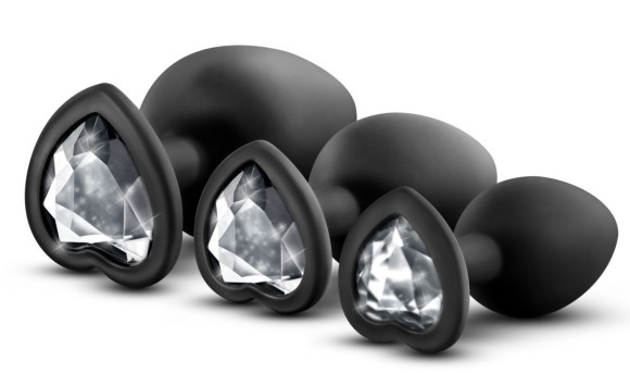 Набор из 3 черных пробок с прозрачным кристаллом-сердечком Bling Plugs Training Kit Набор из 3 черных пробок с прозрачным кристаллом-сердечком Bling Plugs Training Kit