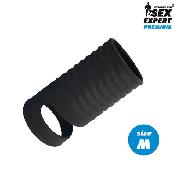 Черная открытая насадка на пенис с кольцом для мошонки size M - 7,9 см. Черная открытая насадка на пенис с кольцом для мошонки size M - 7,9 см.