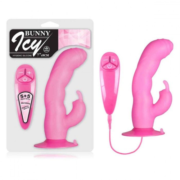 Розовый вибратор с клиторальным стимулятором BUNNY ICY - 18 см. Розовый вибратор с клиторальным стимулятором BUNNY ICY - 18 см.
