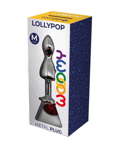 Серебристая анальная втулка Wooomy Lollypop M с красным кристаллом - 9,4 см.