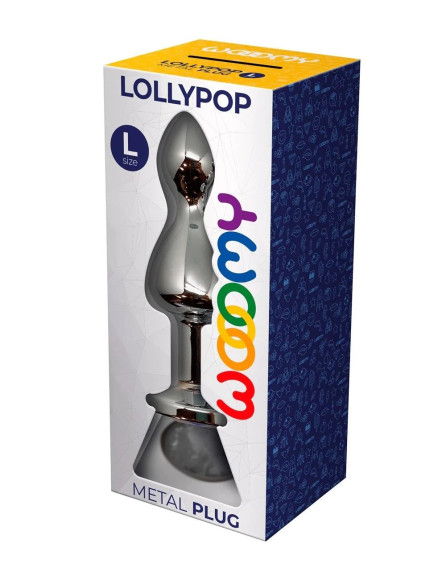Серебристая анальная втулка Wooomy Lollypop L с прозрачным кристаллом - 10,5 см.