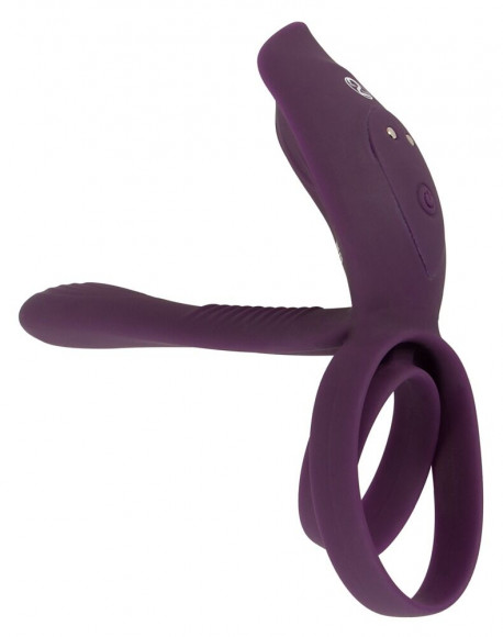 Фиолетовая насадка на член с клиторальным отростком и пультом ДУ RC Couple’s Vibrator 2