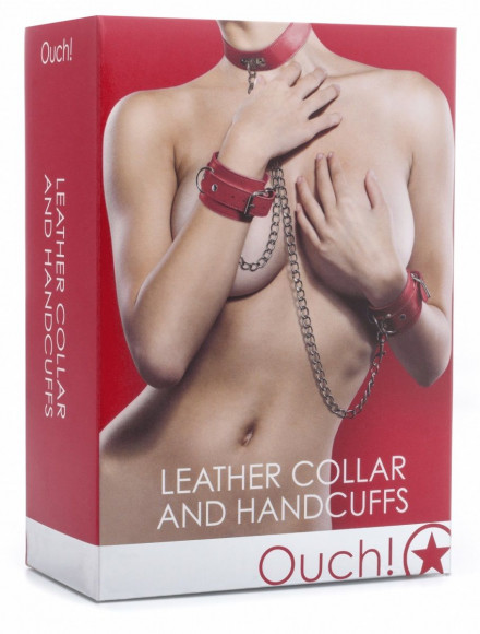 Красный комплект для бондажа Leather Collar and Handcuffs Красный комплект для бондажа Leather Collar and Handcuffs